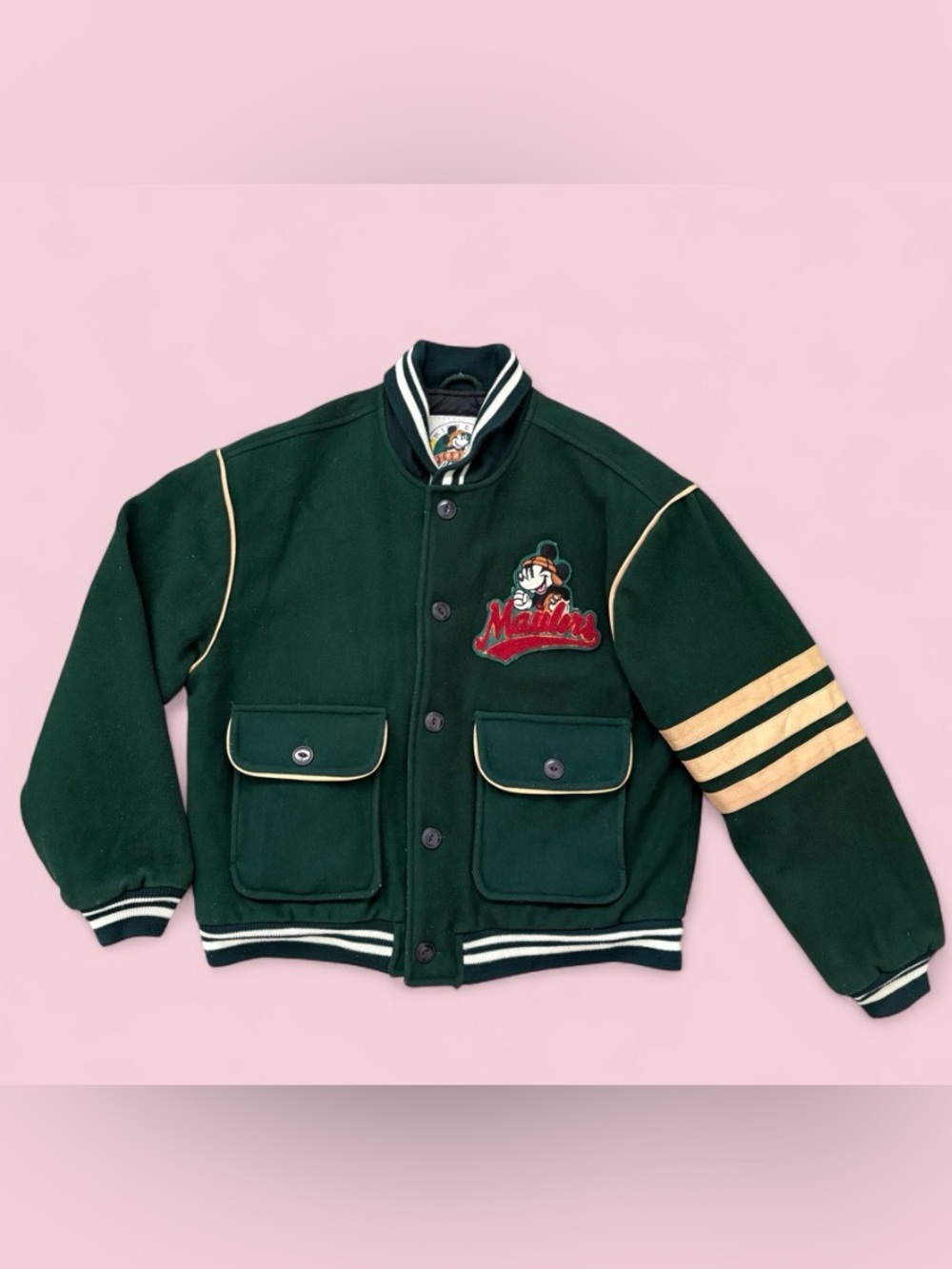 Vintage Disney Mickey Mouse Maulers Varsity Jacket M Green Pigskin Classic 90s